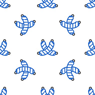 Çizgiyi aşan sosis simgesi beyaz arkaplandaki kusursuz deseni izole etti. Izgara sosis ve aroma işareti. Renkli taslak konsepti. Vektör.