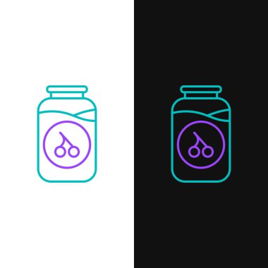 Çizgi kiraz reçeli kavanozu simgesi beyaz ve siyah arkaplanda izole edildi. Renkli taslak konsepti. Vektör.