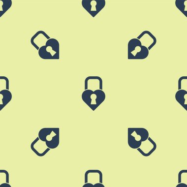 Mavi Kale, kalp simgesi şeklinde sarı arka planda izole edilmiş. Kilitli Kalp. Aşk sembolü ve anahtar deliği işareti. Sevgililer Günü. Vektör İllüstrasyonu.