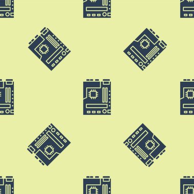 Mavi Elektronik bilgisayar bileşenleri anakart dijital çip entegre bilim ikonu izole edilmiş sarı arkaplan üzerinde kusursuz desen. Devre kartı. Vektör İllüstrasyonu.