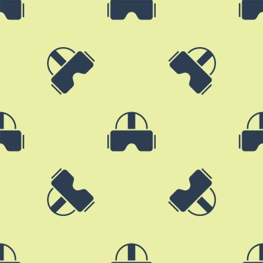 Mavi Sanal gerçeklik gözlüğü ikonu sarı arkaplandaki kusursuz deseni izole etti. Stereoskopik 3D VR maskesi. Vektör İllüstrasyonu.