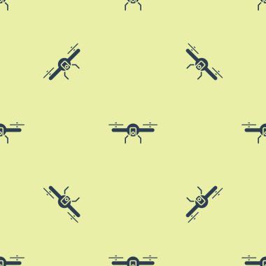 Mavi İHA uçan ikonu sarı arka planda izole edilmiş kusursuz desen. Video ve fotoğraf makinesi sembollü dörtlü helikopter. Vektör İllüstrasyonu.