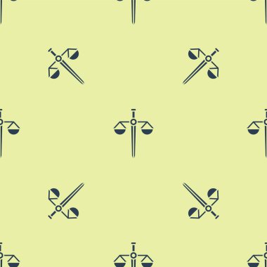 Adalet ikonunun mavi pulları sarı arka planda izole edilmiş pürüzsüz desen. Hukuk mahkemesi sembolü. Denge tabelaları. Vektör İllüstrasyonu.