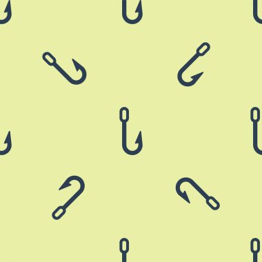 Mavi balıkçı kancası ikonu sarı arka planda izole edilmiş pürüzsüz desen. Balık oltası. Vektör İllüstrasyonu.