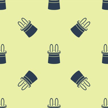 Mavi Sihirbaz şapkası ve tavşan kulağı ikonu sarı arka planda izole edilmiş kusursuz desen. Sihir numarası. Gizemli eğlence konsepti. Vektör İllüstrasyonu.