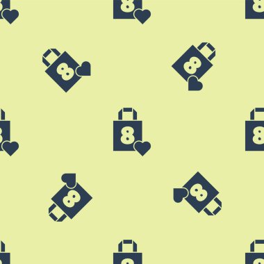 Sarı arka planda, kalp simgesinin izole edildiği mavi alışveriş torbası. 8 Mart. Uluslararası Mutlu Kadınlar Günü. Vektör İllüstrasyonu.