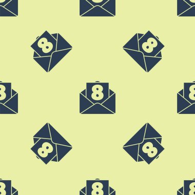 Sarı arka planda 8 Mart ikonlu mavi zarf izole edilmiş. Mesaj aşkım. Aşk ve romantizm mektubu. Uluslararası Mutlu Kadınlar Günü. Vektör İllüstrasyonu.