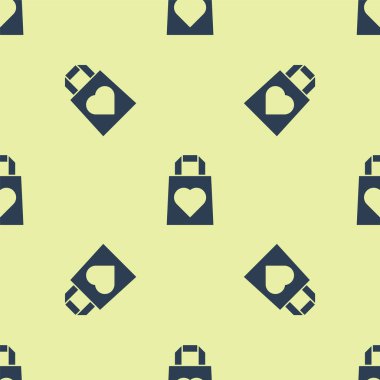 Sarı arka planda, kalp simgesinin izole edildiği mavi alışveriş torbası. 8 Mart. Uluslararası Mutlu Kadınlar Günü. Vektör İllüstrasyonu.