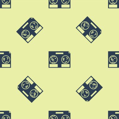 Gece gökyüzü simgesinin mavi gökyüzü haritası sarı arkaplandaki kusursuz deseni izole etti. Yıldızlı yarımküre. Planisphere ve takımyıldızlar. Vektör İllüstrasyonu.