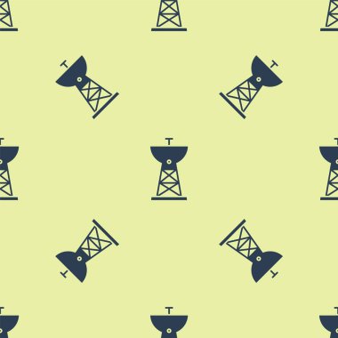 Mavi uydu çanak ikonu sarı arkaplanda pürüzsüz desen izole etti. Radyo anten, astronomi ve uzay araştırması. Vektör İllüstrasyonu.