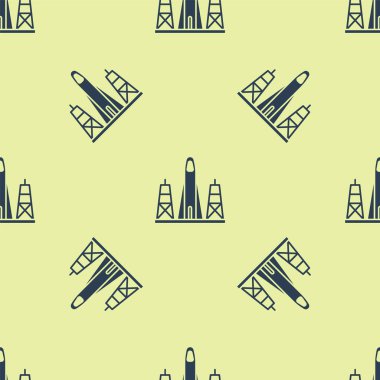 Uzay simgesinden mavi roket fırlatılışı sarı arkaplanda izole edilmiş pürüzsüz desen. Uzaya roket fırlatın. Vektör İllüstrasyonu.