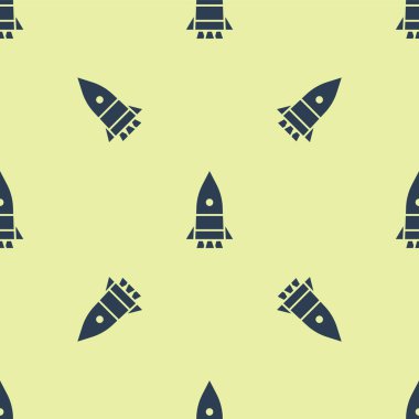 Mavi Roket gemisi ikonu sarı arka planda izole edilmiş pürüzsüz desen. Uzay yolculuğu. Vektör İllüstrasyonu.