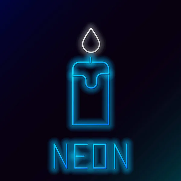 Gloeiende Neon Lijn Brandende Kaars Pictogram Geïsoleerd Zwarte Achtergrond Cilindrische — Stockvector