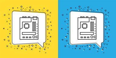 Elektronik bilgisayar bileşenlerini ayarla anakart dijital çip entegre bilim simgesi sarı ve mavi arkaplanda izole edildi. Devre kartı. Vektör İllüstrasyonu.