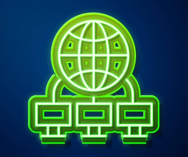 Parlayan neon hattı Bilgisayar ağı simgesi mavi arkaplanda izole edildi. Laptop ağı. İnternet bağlantısı. Vektör İllüstrasyonu.