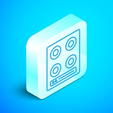 Isometric hattı ocak ikonu mavi arkaplanda izole edildi. Mutfak tabelaları. Dört daire ocağı olan bir hob. Gümüş kare düğme. Vektör.