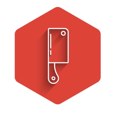 Beyaz çizgi Et Helikopteri simgesi uzun gölgeli izole edildi. Et için mutfak bıçağı. Kasap bıçağı. Mutlu Cadılar Bayramı Partisi. Kırmızı altıgen düğmesi. Vektör.