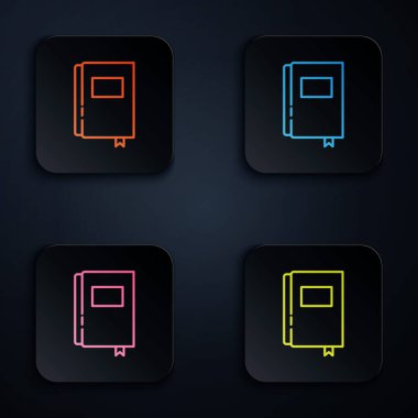 Renkli neon çizgi Kitap simgesi siyah arkaplanda izole edildi. Kare düğmelere simgeleri yerleştir. Vektör.