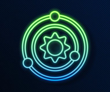 Parlayan neon hattı güneş sistemi simgesi mavi arkaplanda izole edildi. Gezegenler yıldızın etrafında dönerler. Vektör.