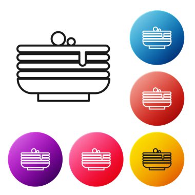 Siyah çizgi yığın krep simgesi beyaz arkaplanda izole edildi. Şerbetli ve kirazlı fırın. Kahvaltı konsepti. Renkli daire düğmelerini ayarlayın. Vektör.