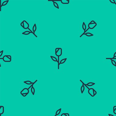 Mavi çizgi çiçek gül ikonu yeşil arkaplanda izole edilmiş pürüzsüz desen. Vektör.