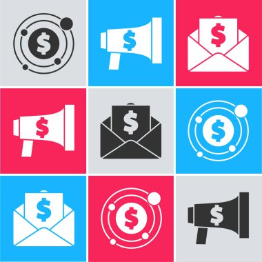 Hedefi dolar sembolü, megafon ve dolar ile ve para dolar ikonuyla ayarla. Vektör.