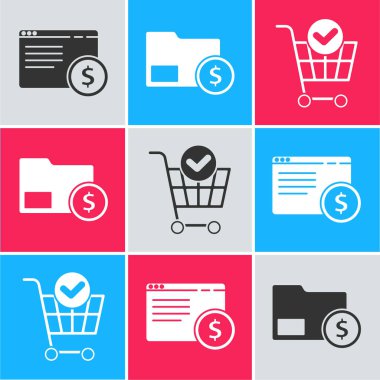 Çevrimiçi alışveriş ekranda, Zarfı bozuk parayla, alışveriş arabasını da işaretli simgeyle. Vektör.