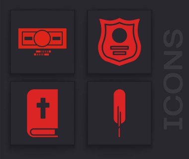 Tüy kalem, kağıt para, polis rozeti ve kutsal İncil ikonu. Vektör.