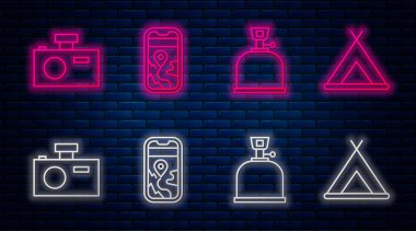 Şehir haritası navigasyonu, gaz ocağı, fotoğraf makinesi ve turist çadırı. Tuğla duvarda parlayan neon simgesi. Vektör.