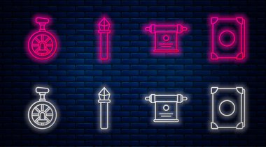 Sihirli değnek, sihirli parşömen, tek tekerlekli bisiklet veya tek tekerlekli bisiklet ve Eskiler 'in sihirli kitabı. Tuğla duvarda parlayan neon simgesi. Vektör.
