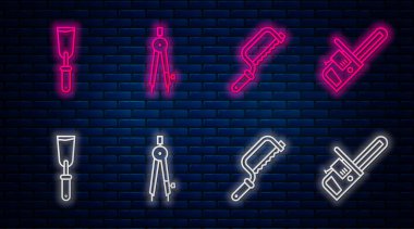 Çizgi çizimi pusula, testere, testere ve testere. Tuğla duvarda parlayan neon simgesi. Vektör.