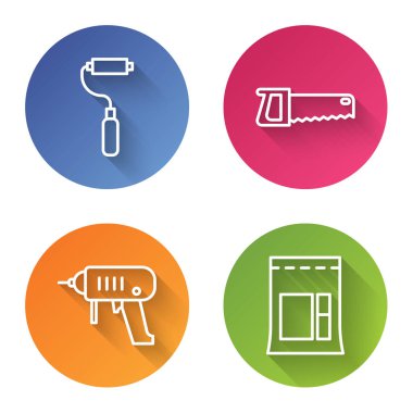 Boya fırçası, el testeresi, elektrikli matkap ve çimento torbasını hazırlayın. Renkli daire düğmesi. Vektör.