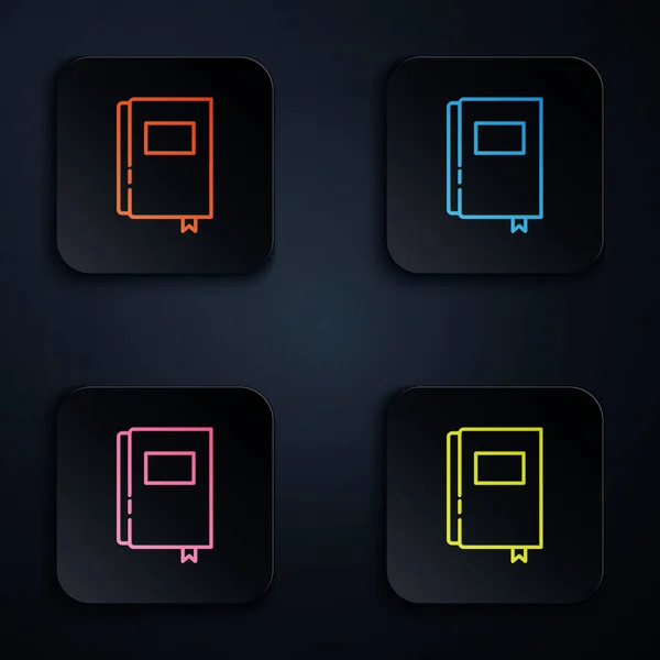 Farbiges Neonfarbenes Buchsymbol Auf Schwarzem Hintergrund Setzen Sie Symbole Quadratischen — Stockvektor