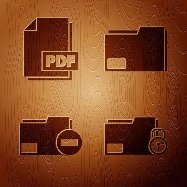 フォルダとロック Pdfファイルドキュメント ドキュメントフォルダをマイナス ドキュメントフォルダを木製の背景に設定します ベクトル — ストックベクタ