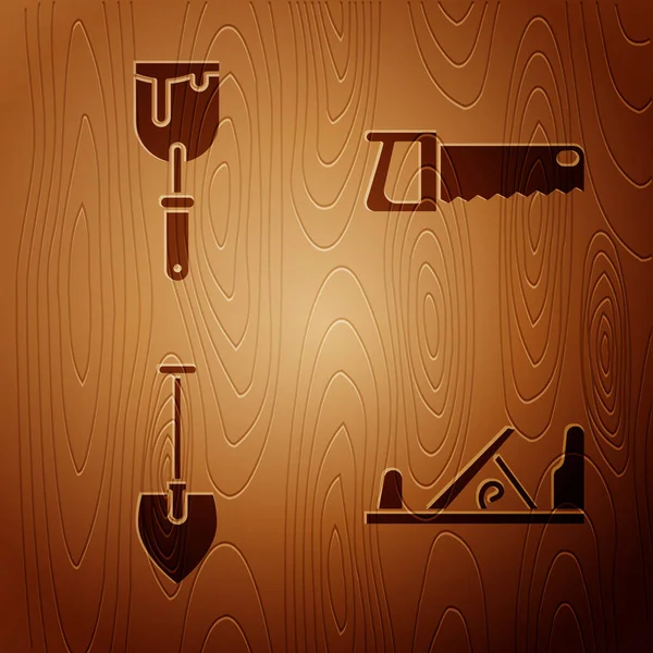设置木制平面工具 手柄刀 柄锯和手锯在木制背景上 — 图库矢量图片
