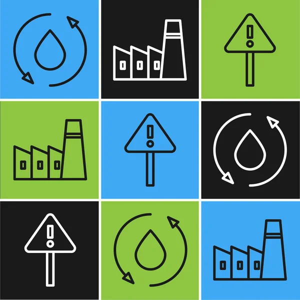 Yağ damlası, üçgende ünlem işareti ve petrol endüstriyel yapı ikonu. Vektör.