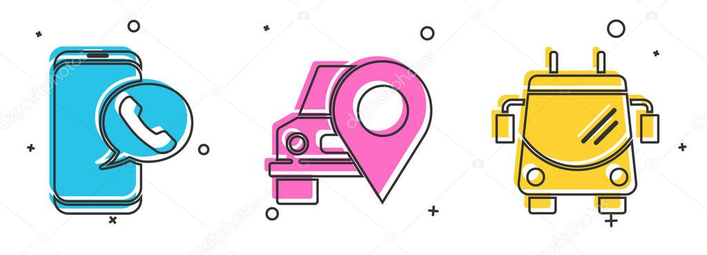 Set Taxi call telephone service, Map pointer with taxi and Trolleybus icon. Vector.