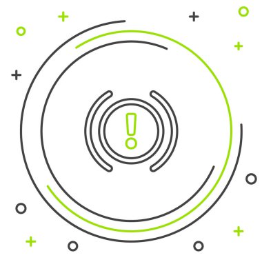 Çizgi fren sistemi uyarı simgesi beyaz arkaplanda izole edildi. Arabada ünlem işareti var. Gösterge tabelaları. Renkli taslak konsepti. Vektör.