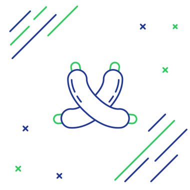 Çizgiyi aşan sosis simgesi beyaz arkaplanda izole edildi. Izgara sosis ve aroma işareti. Renkli taslak konsepti. Vektör.