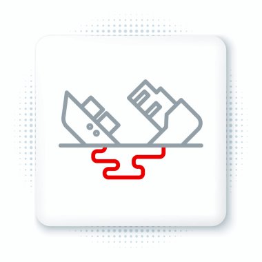 Yıkılmış petrol tankeri ikonu beyaz arka planda izole edildi. Petrol sızıntısı kazası. Çarpışma tankeri. Çevre kirliliği kavramı. Renkli taslak konsepti. Vektör.