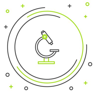 Beyaz arkaplanda çizgi mikroskobu simgesi izole edildi. Kimya, ilaç aleti, mikrobiyoloji büyütme aracı. Renkli taslak konsepti. Vektör.