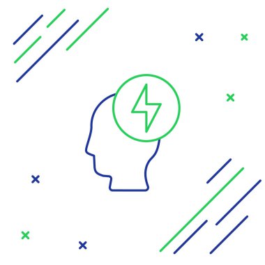 Beyaz arka planda izole edilmiş çizgi insan kafası ve elektrik sembolü. Renkli taslak konsepti. Vektör.