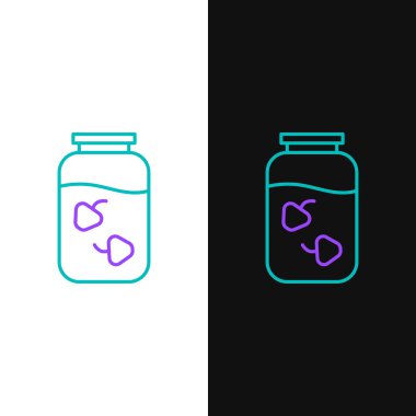 Çilek reçeli kavanozu simgesi beyaz ve siyah arkaplanda izole edilmiş. Renkli taslak konsepti. Vektör.