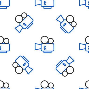 Line Cinema kamera simgesi beyaz arkaplanda kusursuz desen izole etti. Video kamera. Film tabelası. Film projektörü. Renkli taslak konsepti. Vektör.