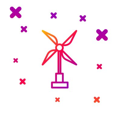 Beyaz arkaplanda renk çizgisi rüzgar türbini simgesi izole edildi. Rüzgar jeneratörü işareti. Elektrik üretimi için yel değirmeni. Kademeli rastgele dinamik şekiller. Vektör İllüstrasyonu.