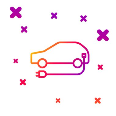 Renkli elektrikli araba ve elektrik kablosu şarj ikonu beyaz arka planda izole edildi. Yenilenebilir ekolojik teknolojiler. Kademeli rastgele dinamik şekiller. Vektör İllüstrasyonu.