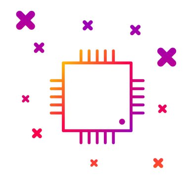 Beyaz arkaplanda izole edilmiş mikro devre işlemci simgesine sahip renkli bilgisayar işlemcisi. Devre kartı işaretli çip ya da işlemci. Mikro işlemci. Kademeli rastgele dinamik şekiller. Vektör İllüstrasyonu.