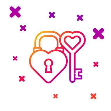 Renk çizgisi Castle kalp şeklinde ve anahtar şeklinde beyaz arkaplanda izole edilmiş bir kalp şekli ikonu. Aşk sembolü ve anahtar deliği işareti. Kademeli rastgele dinamik şekiller. Vektör İllüstrasyonu.