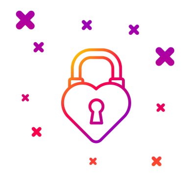 Renk çizgisi Castle beyaz arka planda izole edilmiş kalp simgesi şeklinde. Aşk sembolü ve anahtar deliği işareti. 8 Mart. Mutlu Kadın Günleri. Kademeli rastgele dinamik şekiller. Vektör İllüstrasyonu.