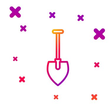 Beyaz arkaplanda renk çizgisi kürek simgesi izole edildi. Bahçe aletleri. Bahçecilik, tarım, çiftçilik aleti. Kademeli rastgele dinamik şekiller. Vektör İllüstrasyonu.